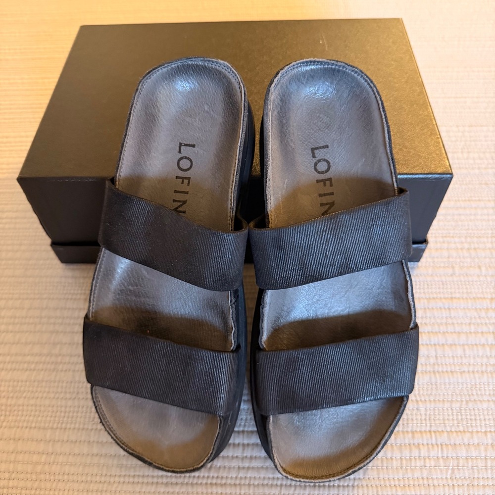 Lofina Womens Black Leather Platform Slide Sandals Two Strap Chunky Sole Size 38
